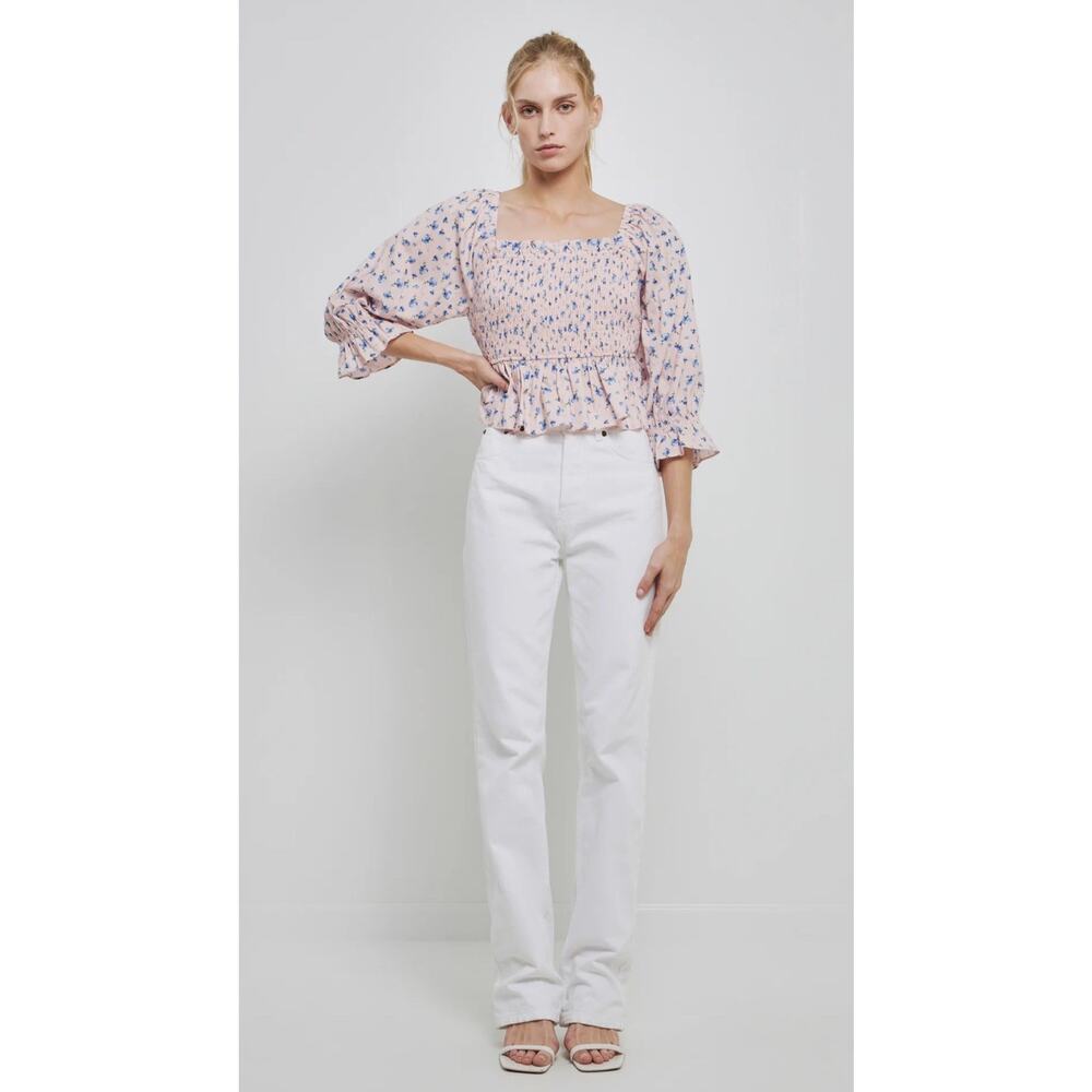 English Factory X Anthropologie Medium Pink Floral Square Neck‎ Smocked Crop Top